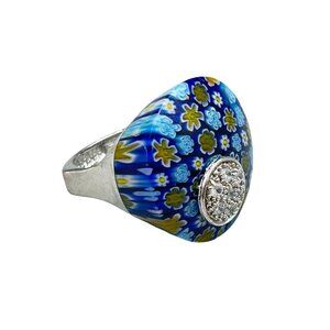 Vintage Murano Millefiori Glass Rig Size 9 Sterling Silver Blue Cae Glass Flower
